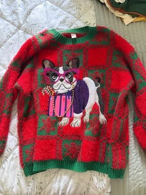 Holiday Time Red & Green Fuzzy Christmas Bulldog Sweater with Purple Accent